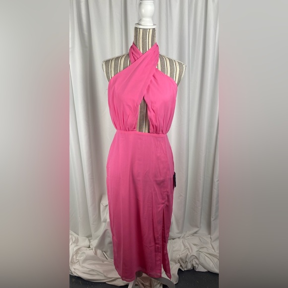 Lulu’s Flirty Chic Pink Cutout Twist-Front Halter Midi Dress Womens Medium - Picture 3 of 7
